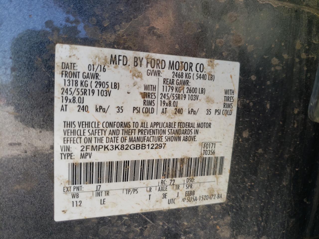 Photo 10 from auction – 2016 FORD EDGE TITAN with VIN 2FMPK3K82GBB12297