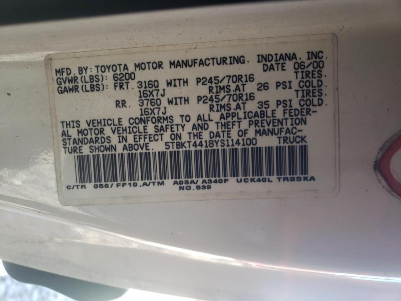 Photo 10 from auction – 2000 TOYOTA TUNDRA SR5 with VIN 5TBKT4418YS114100