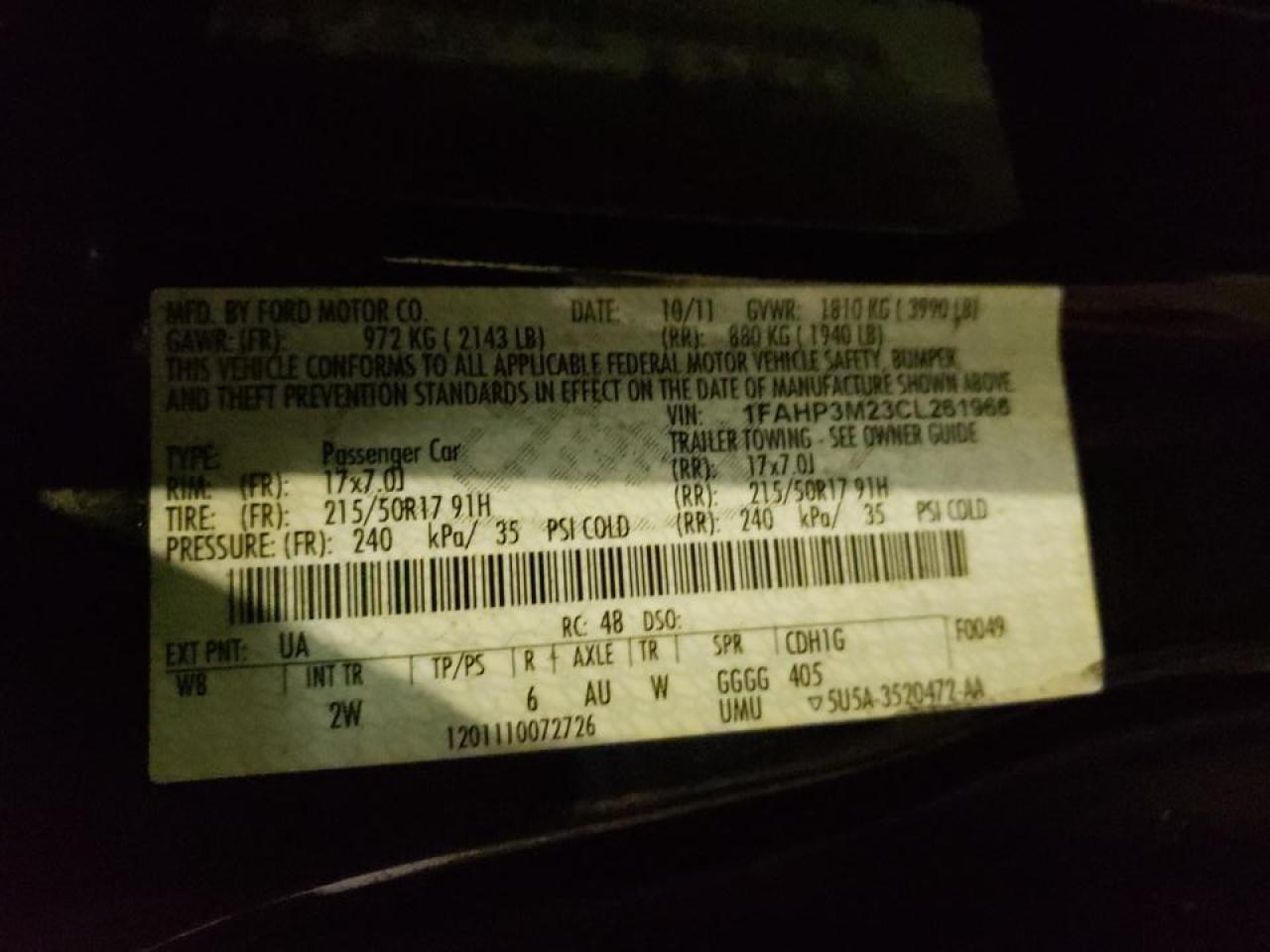 Photo 10 from auction – 2012 FORD FOCUS SEL with VIN 1FAHP3M23CL261966
