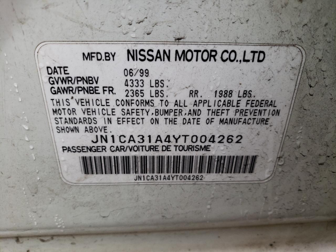 Photo 10 from auction – 2000 NISSAN MAXIMA GLE with VIN JN1CA31A4YT004262