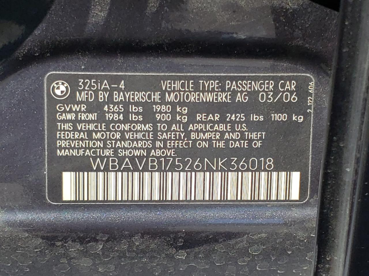 Photo 10 from auction – 2006 BMW 325 I AUTO with VIN WBAVB17526NK36018