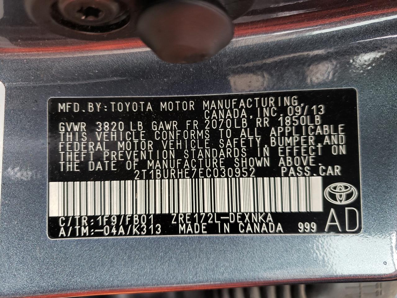 Photo 10 from auction – 2014 TOYOTA COROLLA with VIN 2T1BURHE7EC030952