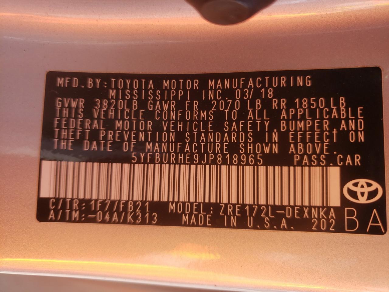 Photo 10 from auction – 2018 TOYOTA COROLLA L with VIN 5YFBURHE9JP818965