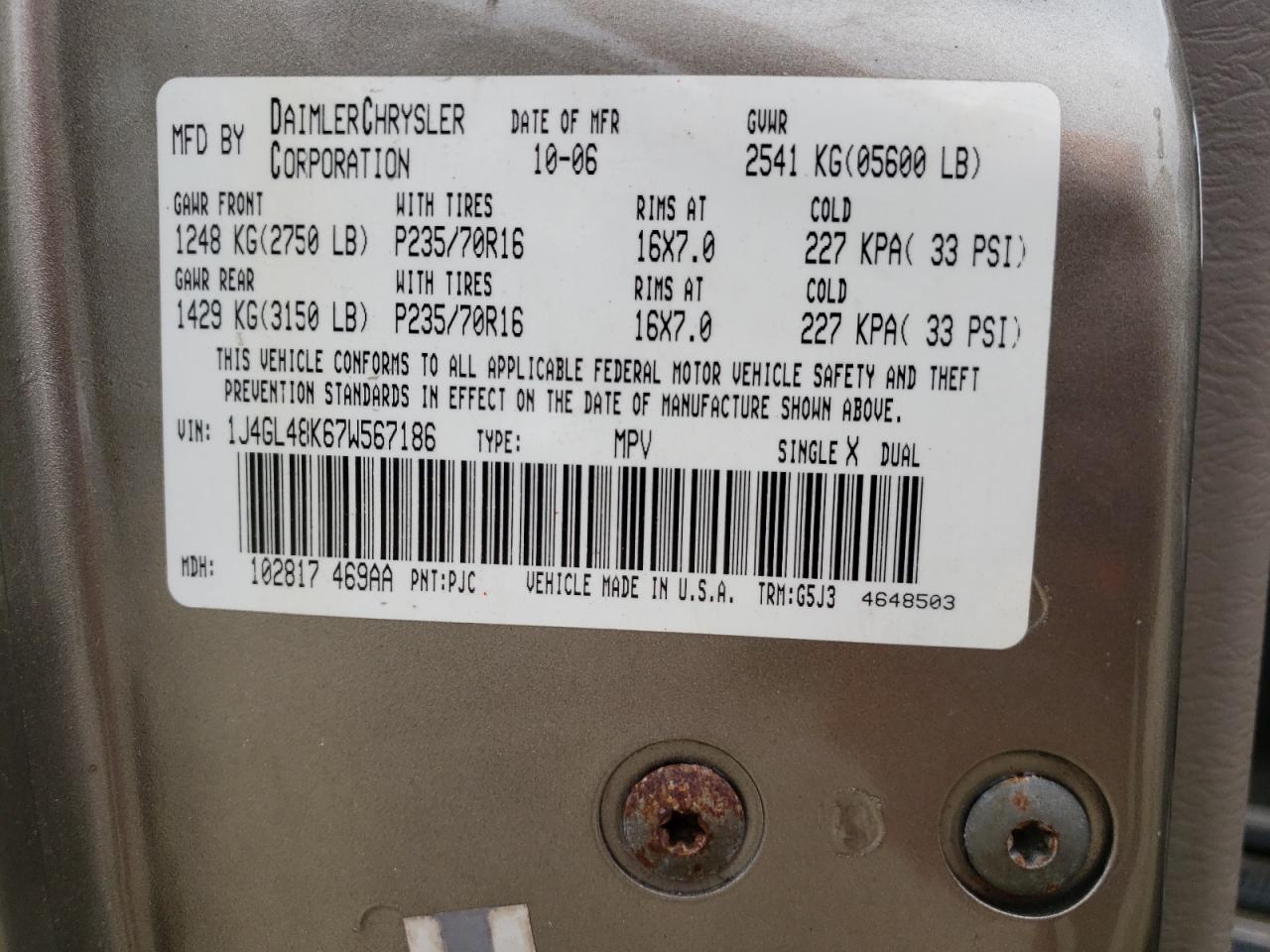 Photo 10 from auction – 2007 JEEP LIBERTY SP with VIN 1J4GL48K67W567186