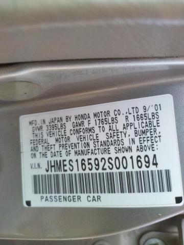 Photo 10 from auction – 2002 HONDA CIVIC LX with VIN JHMES16592S001694