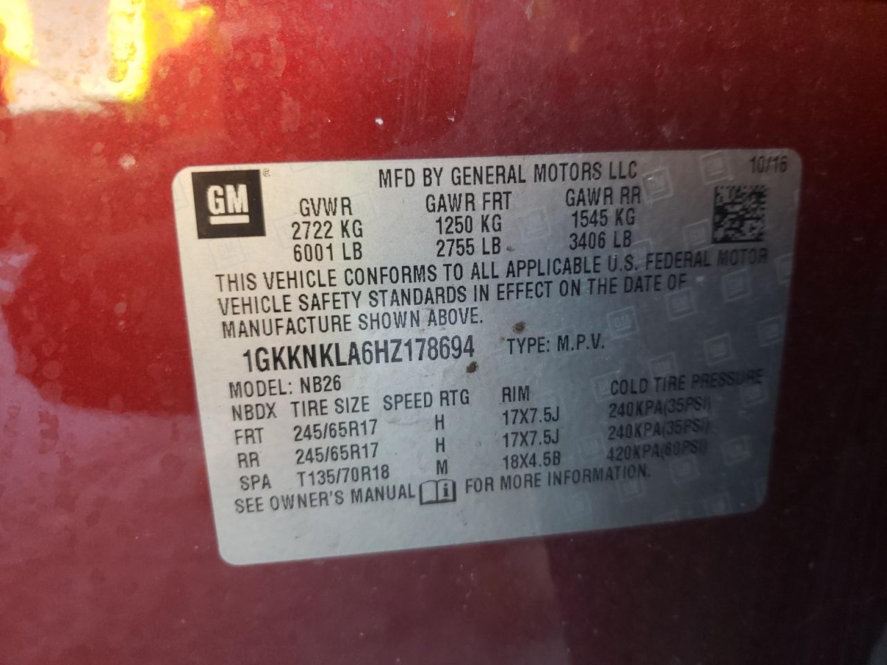 Photo 10 from auction – 2017 GMC ACADIA SLE with VIN 1GKKNKLA6HZ178694