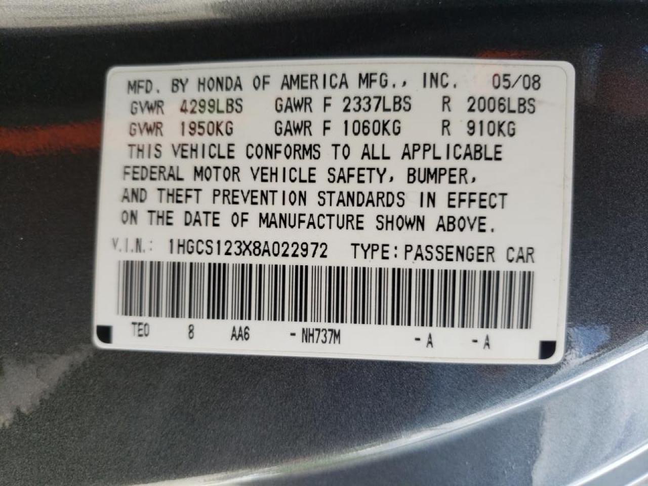 Photo 10 from auction – 2008 HONDA ACCORD LX- with VIN 1HGCS123X8A022972
