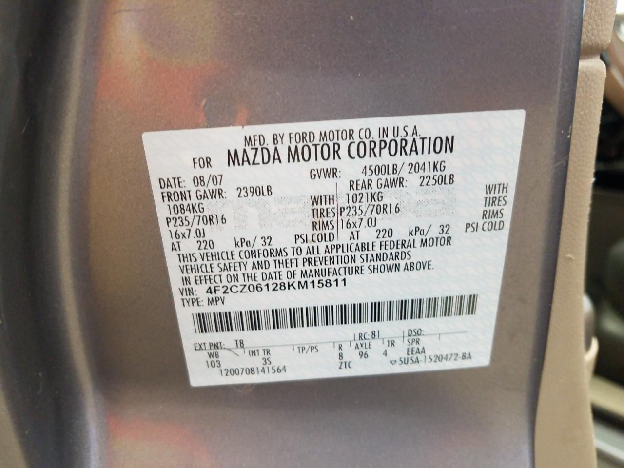 Photo 10 from auction – 2008 MAZDA TRIBUTE S with VIN 4F2CZ06128KM15811