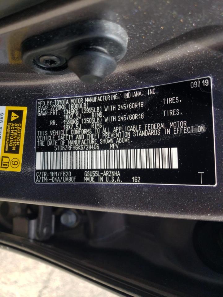 Photo 10 from auction – 2019 TOYOTA HIGHLANDER with VIN 5TDBZRFH6KS728406