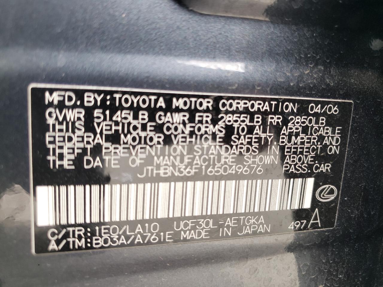 Photo 10 from auction – 2006 LEXUS LS 430 with VIN JTHBN36F165049676