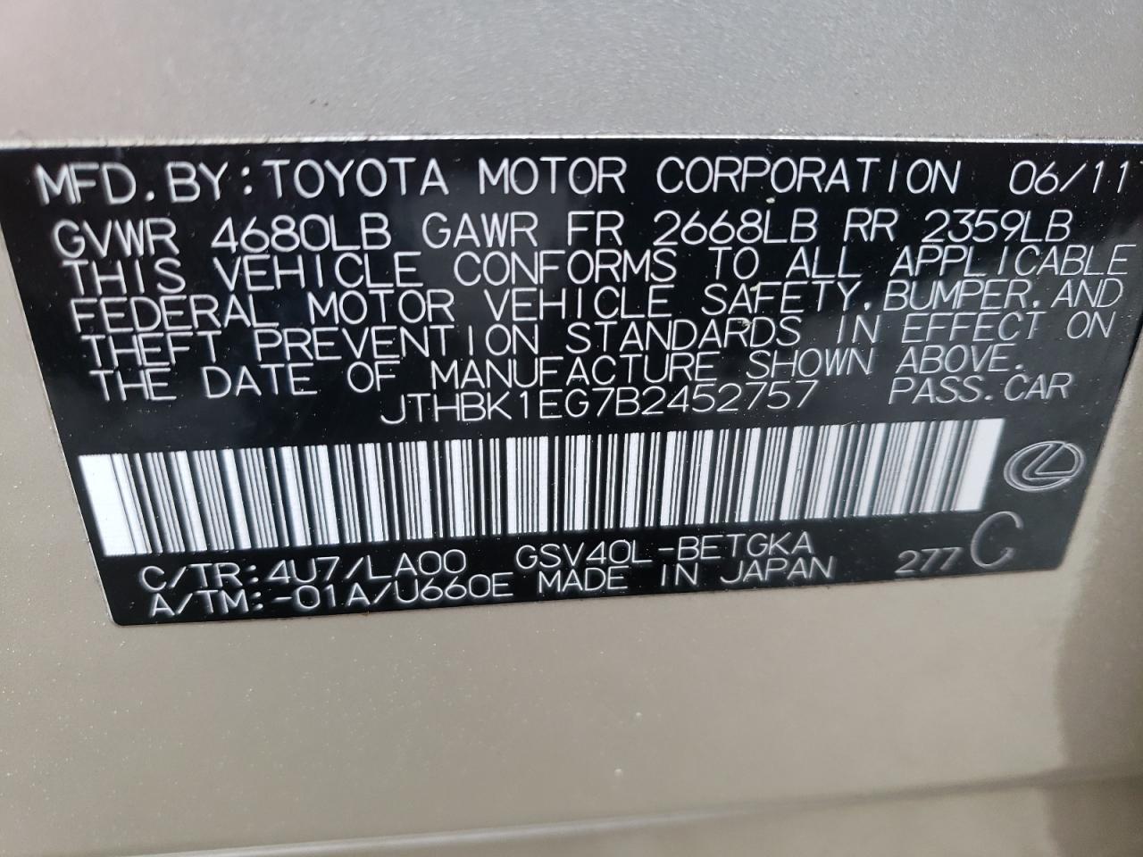 Photo 10 from auction – 2011 LEXUS ES 350 with VIN JTHBK1EG7B2452757