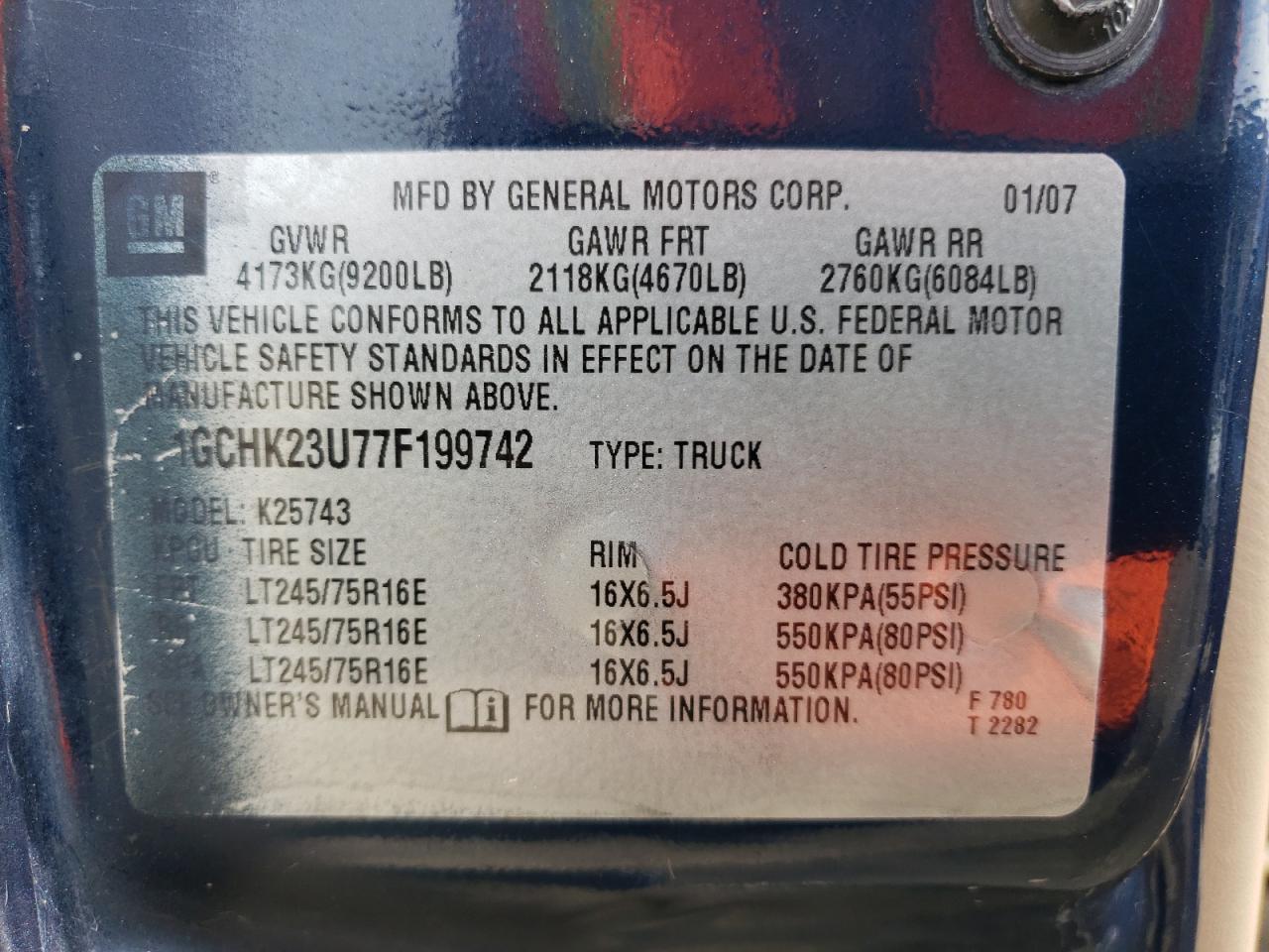 Photo 10 from auction – 2007 CHEVROLET SILVERADO with VIN 1GCHK23U77F199742