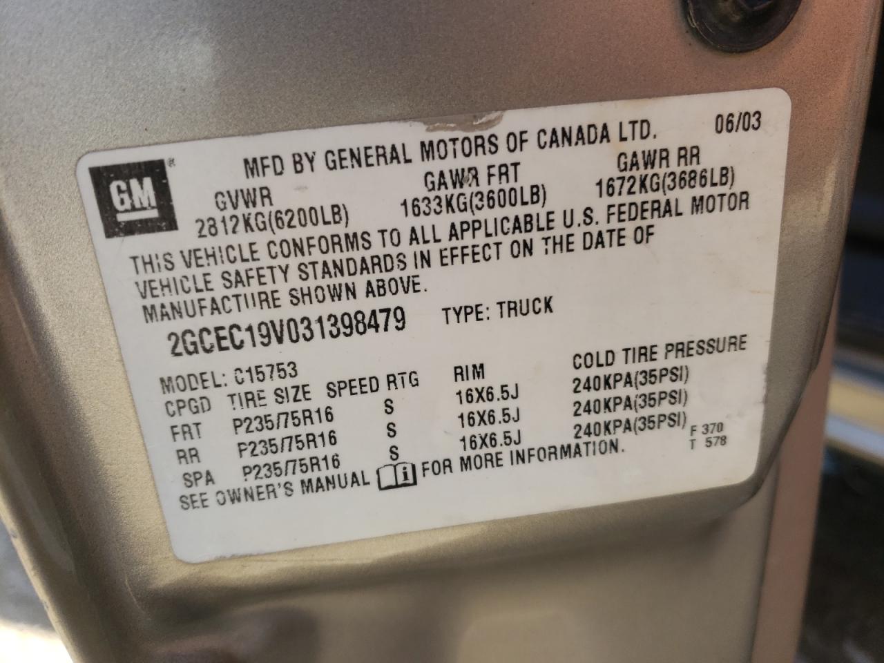 Photo 10 from auction – 2003 CHEVROLET SILVERADO with VIN 2GCEC19V031398479