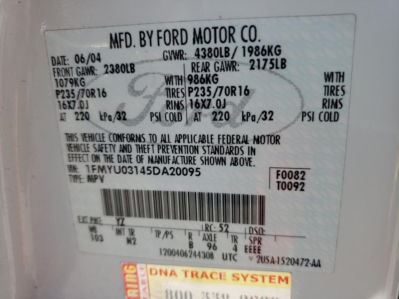 Photo 10 from auction – 2005 FORD ESCAPE XLT with VIN 1FMYU03145DA20095