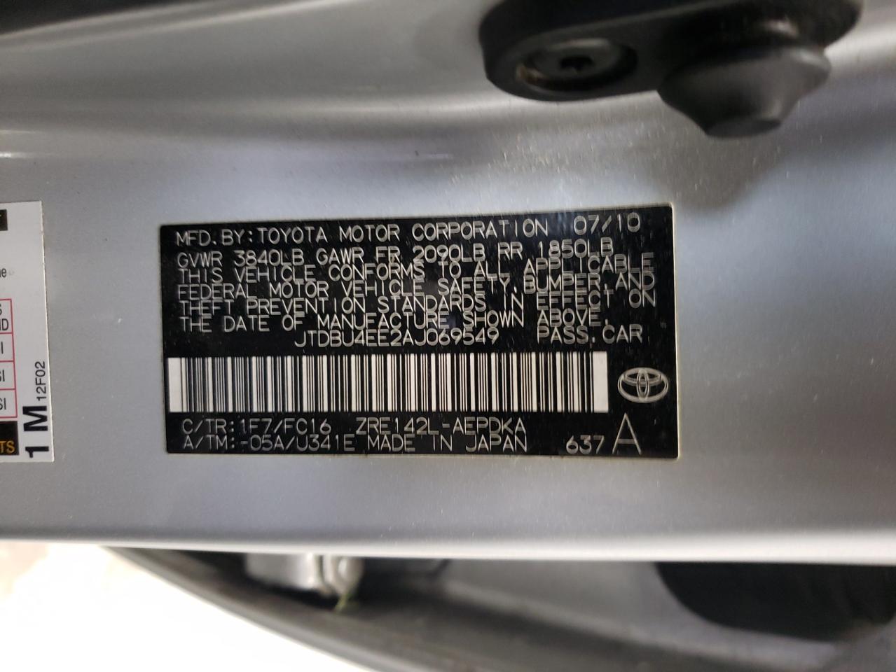 Photo 10 from auction – 2010 TOYOTA COROLLA BA with VIN JTDBU4EE2AJ069549