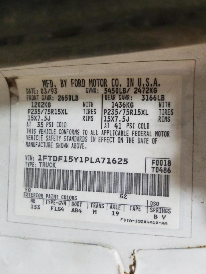 Photo 10 from auction – 1993 FORD F150 with VIN 1FTDF15Y1PLA71625