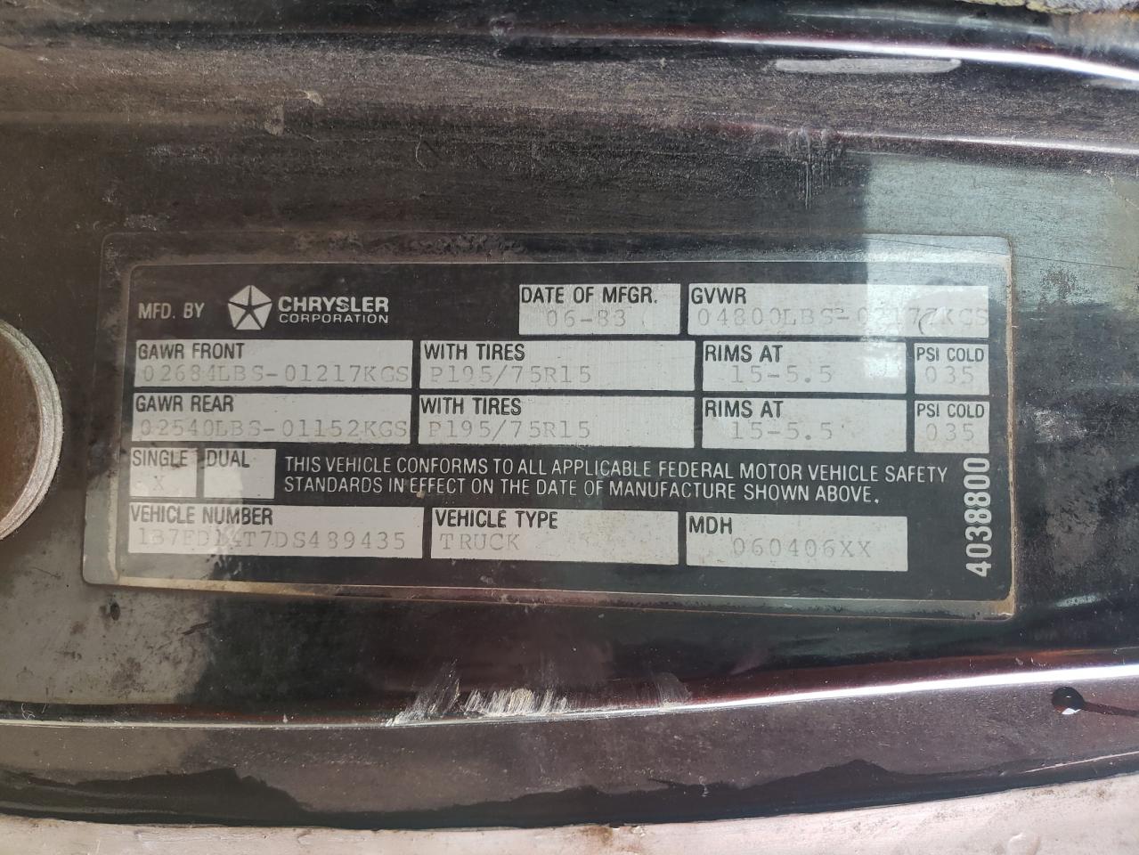 Photo 10 from auction – 1983 DODGE D-SERIES D with VIN 1B7FD14T7DS489435