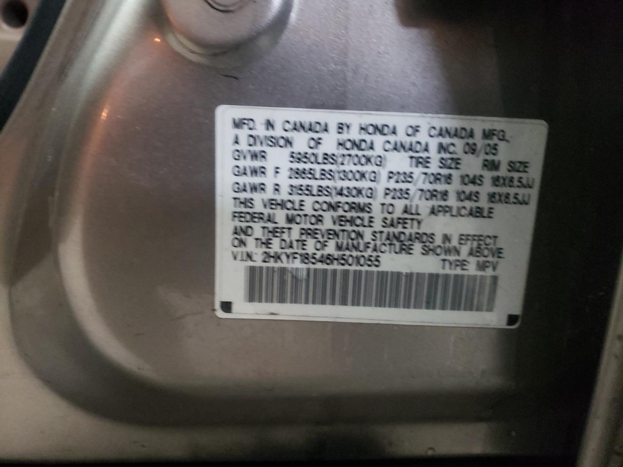 Photo 10 from auction – 2006 HONDA PILOT EX with VIN 2HKYF18546H501055