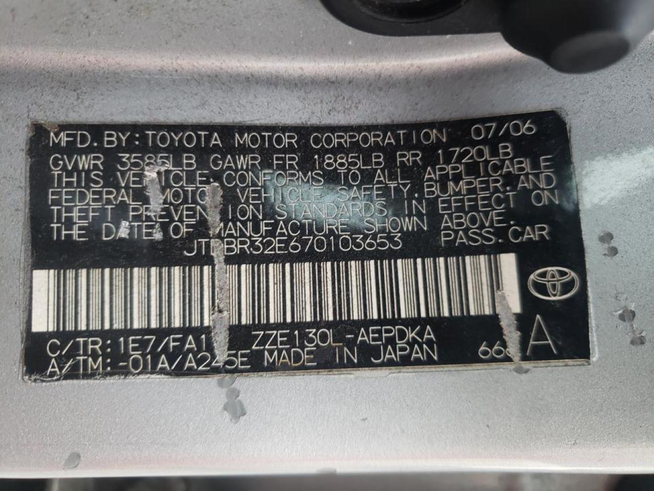 Photo 10 from auction – 2007 TOYOTA COROLLA CE with VIN JTDBR32E670103653