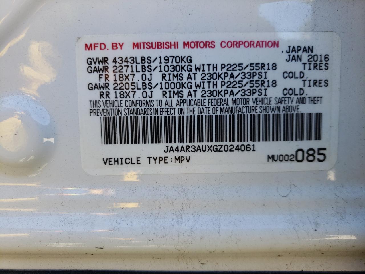 Photo 10 from auction – 2016 MITSUBISHI OUTLANDER with VIN JA4AR3AUXGZ024061