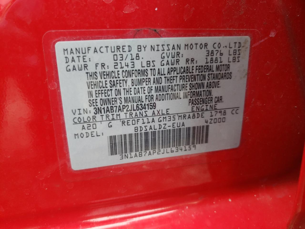 Photo 10 from auction – 2018 NISSAN SENTRA S with VIN 3N1AB7AP2JL634159