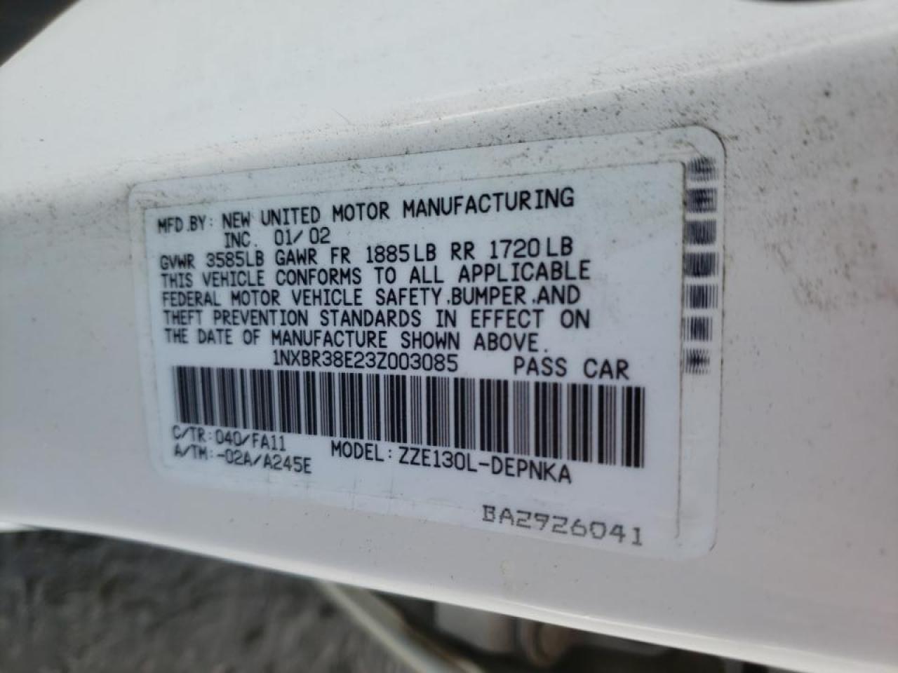 Photo 10 from auction – 2003 TOYOTA COROLLA CE with VIN 1NXBR38E23Z003085