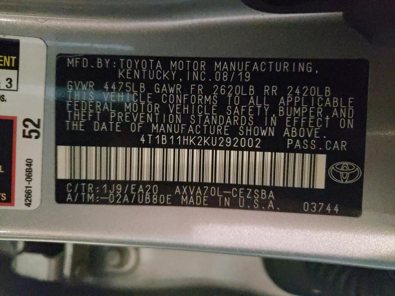 Photo 10 from auction – 2019 TOYOTA CAMRY with VIN 4T1B11HK2KU292002