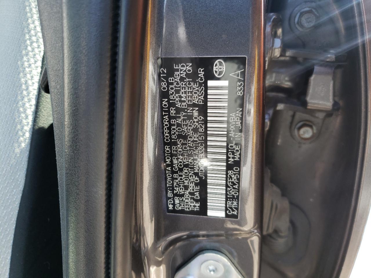 Photo 10 from auction – 2012 TOYOTA PRIUS C with VIN JTDKDTB33C1518219