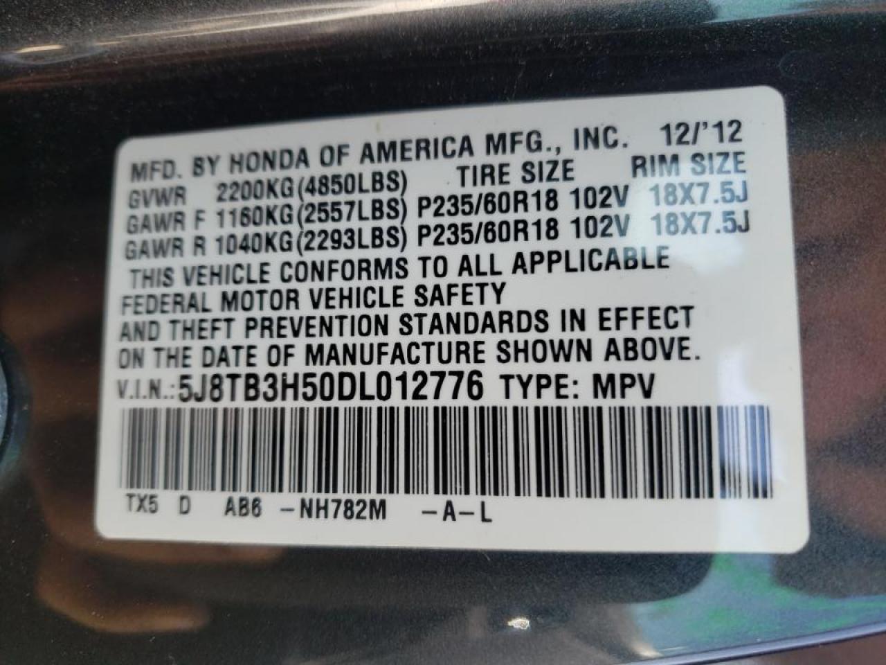 Photo 10 from auction – 2013 ACURA RDX TECHNO with VIN 5J8TB3H50DL012776