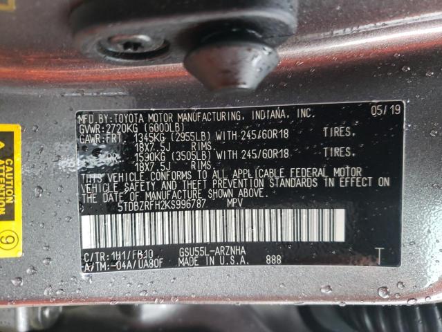 Photo 10 from auction – 2019 TOYOTA HIGHLANDER with VIN 5TDBZRFH2KS996787