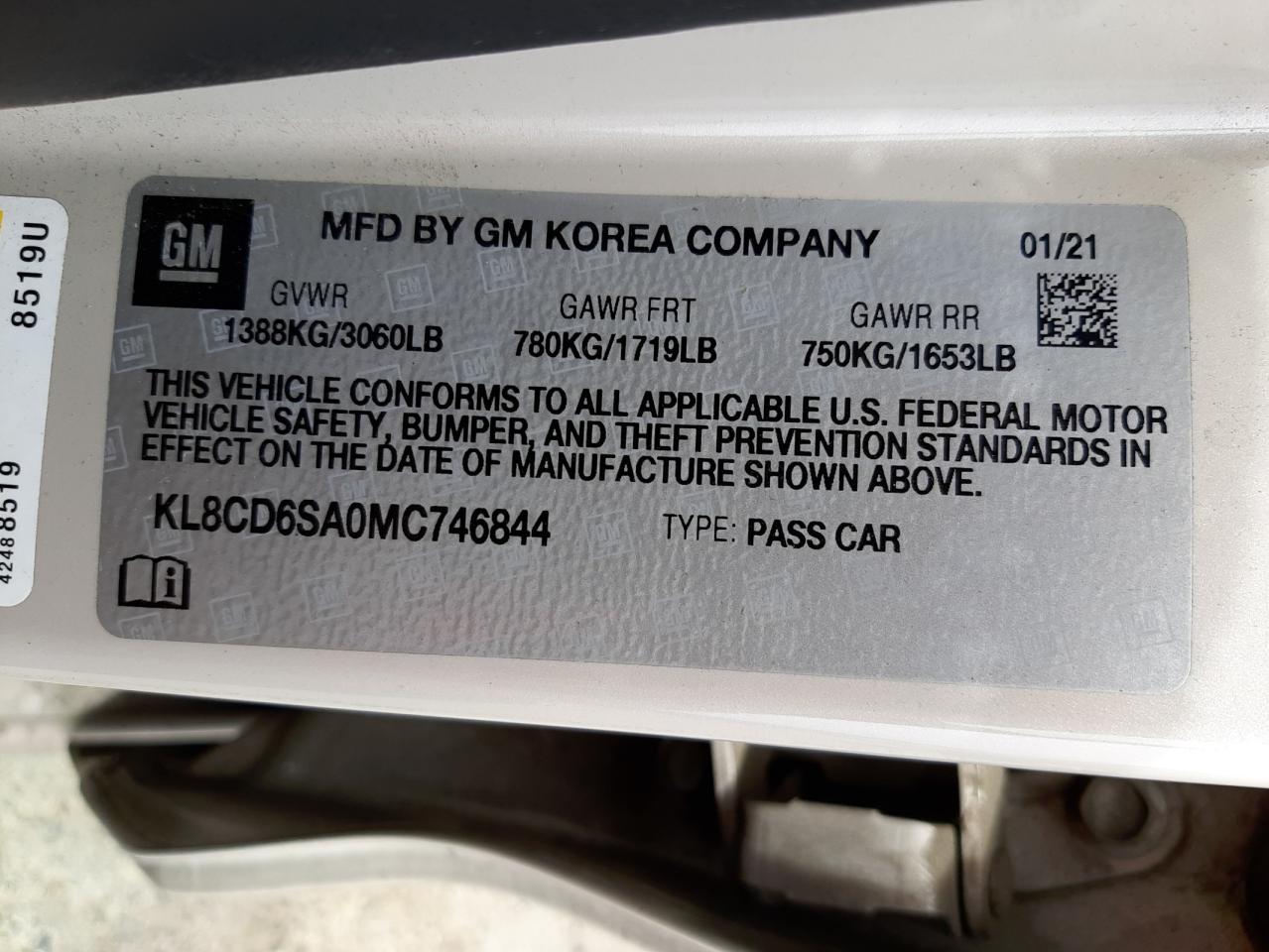 Photo 10 from auction – 2021 CHEVROLET SPARK 1LT with VIN KL8CD6SA0MC746844