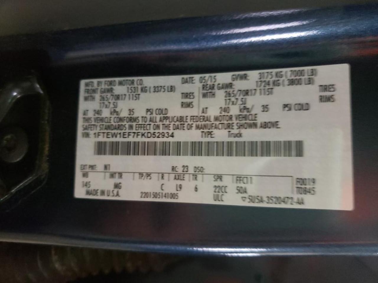 Photo 10 from auction – 2015 FORD F150 SUPER with VIN 1FTEW1EF7FKD52934