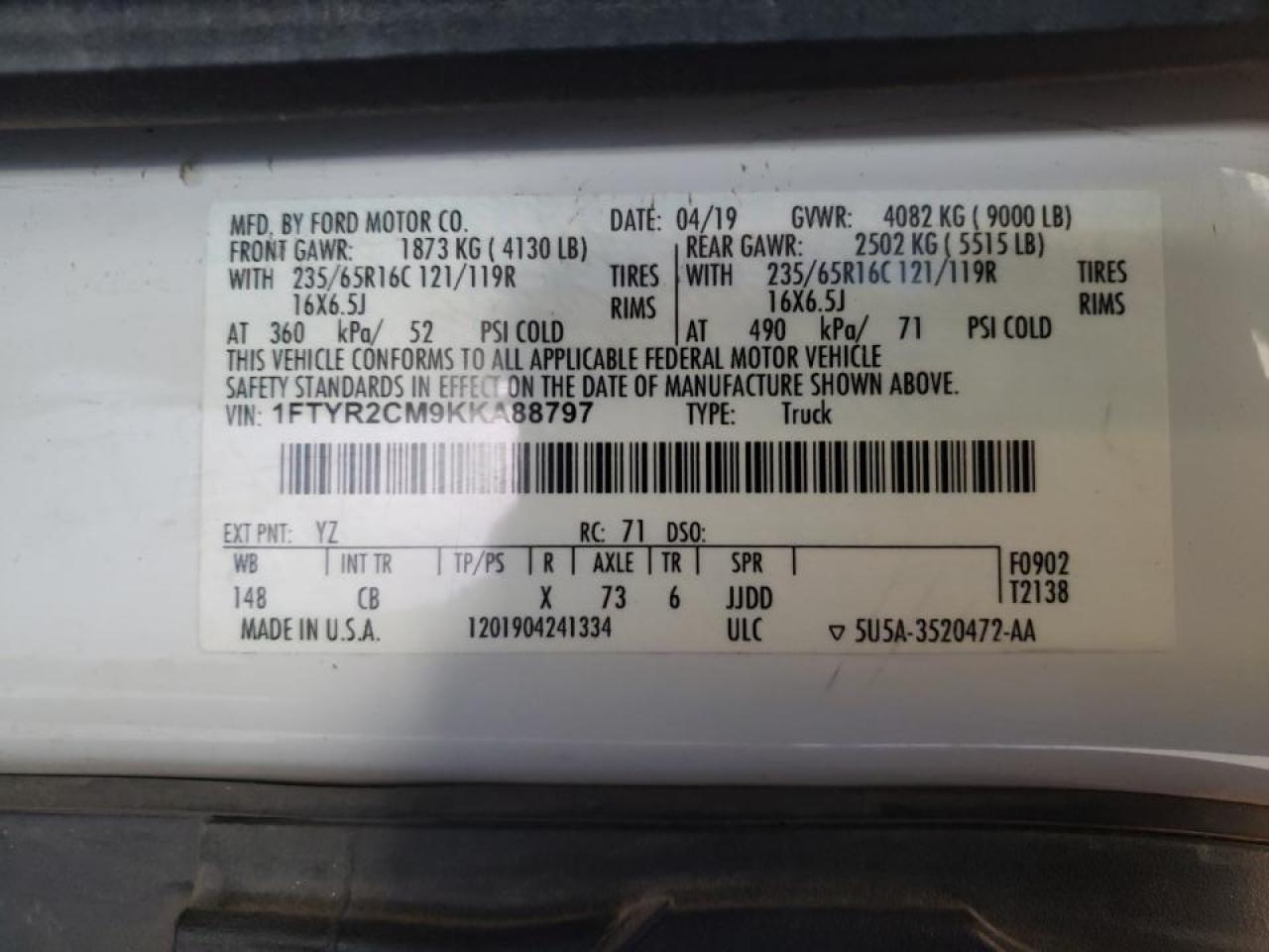 Photo 10 from auction – 2019 FORD TRANSIT T- with VIN 1FTYR2CM9KKA88797