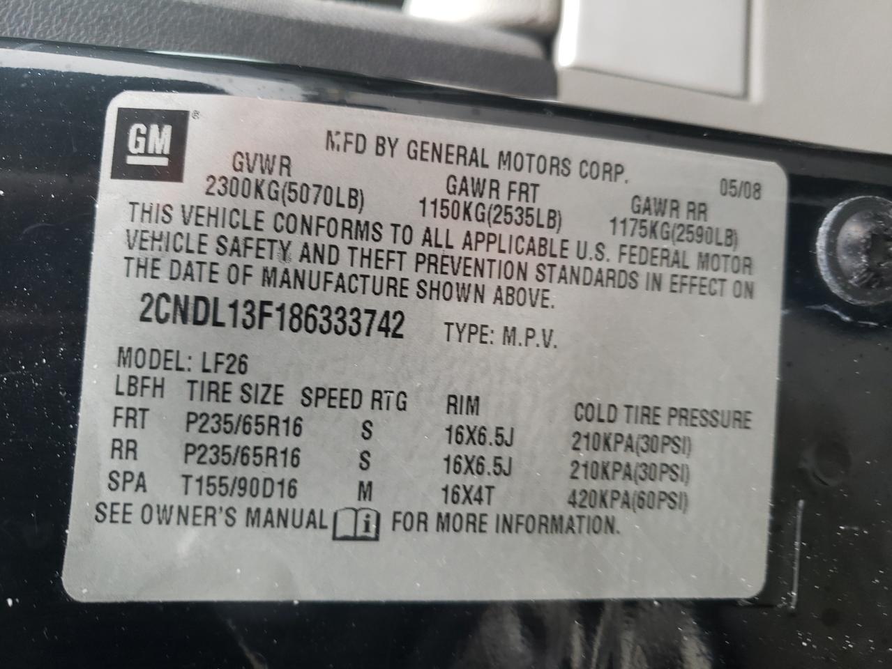Photo 10 from auction – 2008 CHEVROLET EQUINOX LS with VIN 2CNDL13F186333742