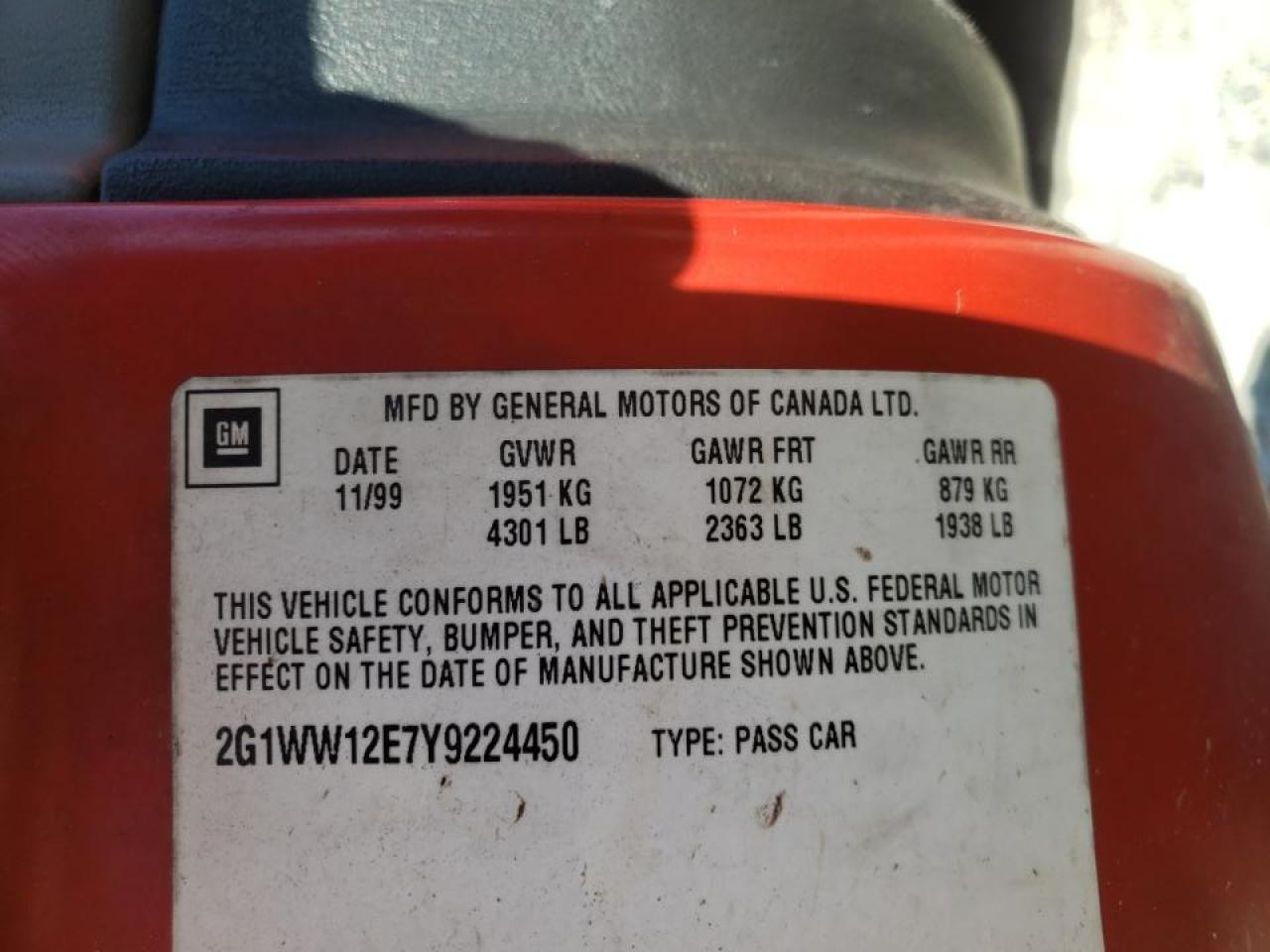 Photo 10 from auction – 2000 CHEVROLET MONTE CARL with VIN 2G1WW12E7Y9224450