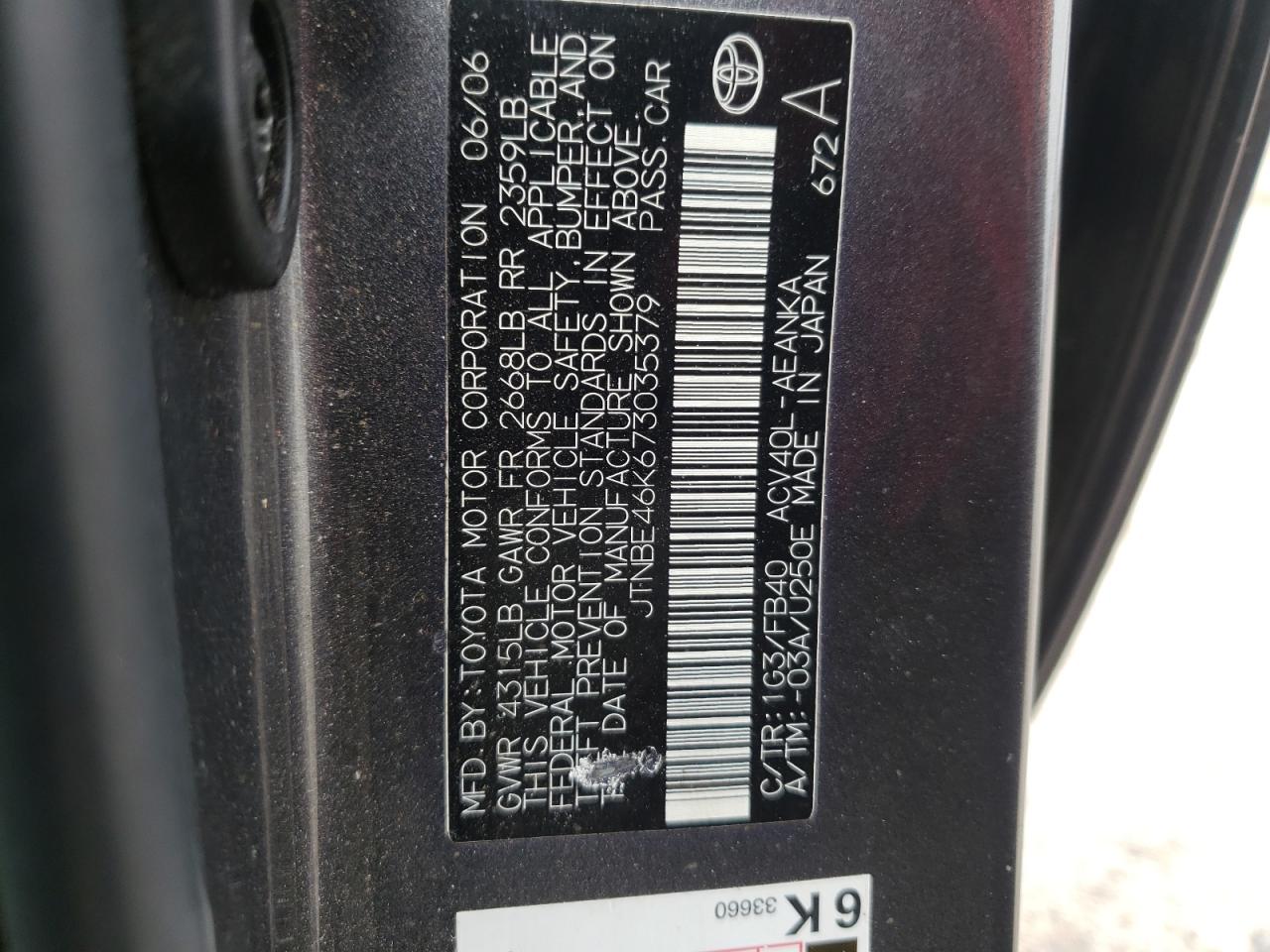 Photo 10 from auction – 2007 TOYOTA CAMRY CE with VIN JTNBE46K673035379