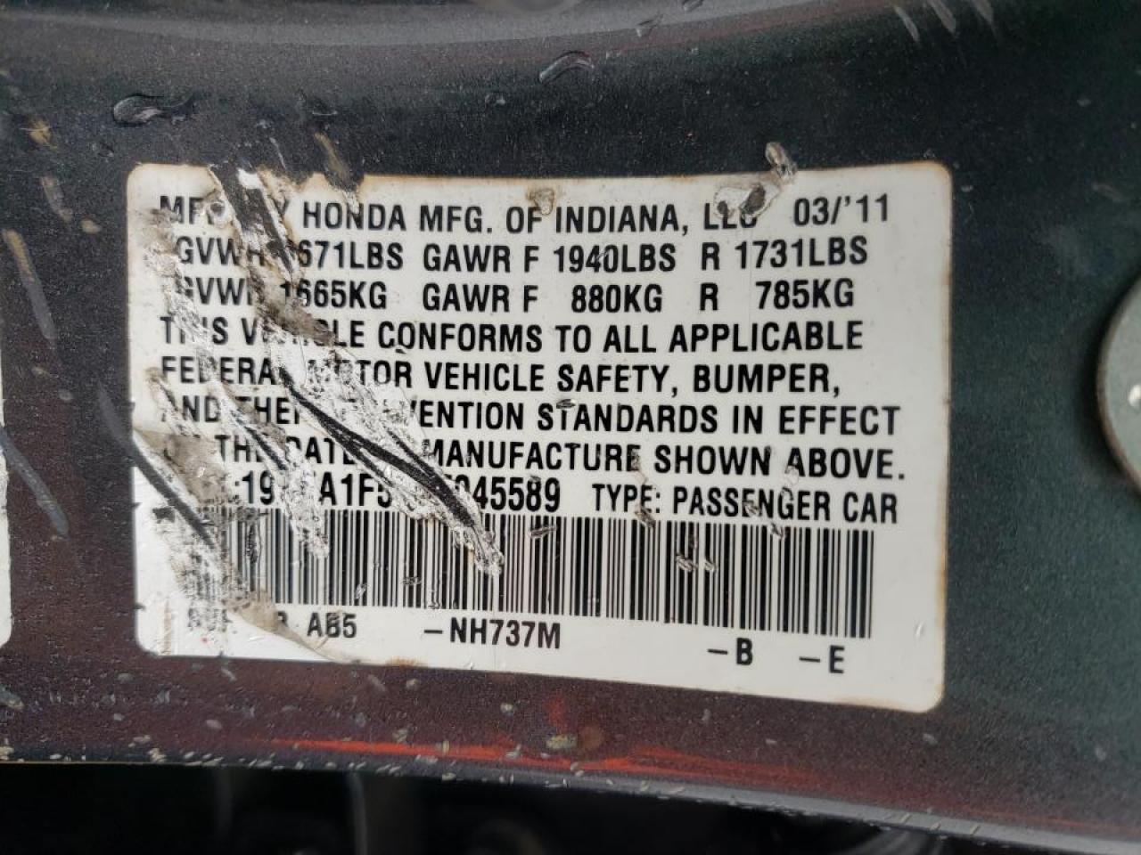 Photo 10 from auction – 2011 HONDA CIVIC LX with VIN 19XFA1F57BE045589
