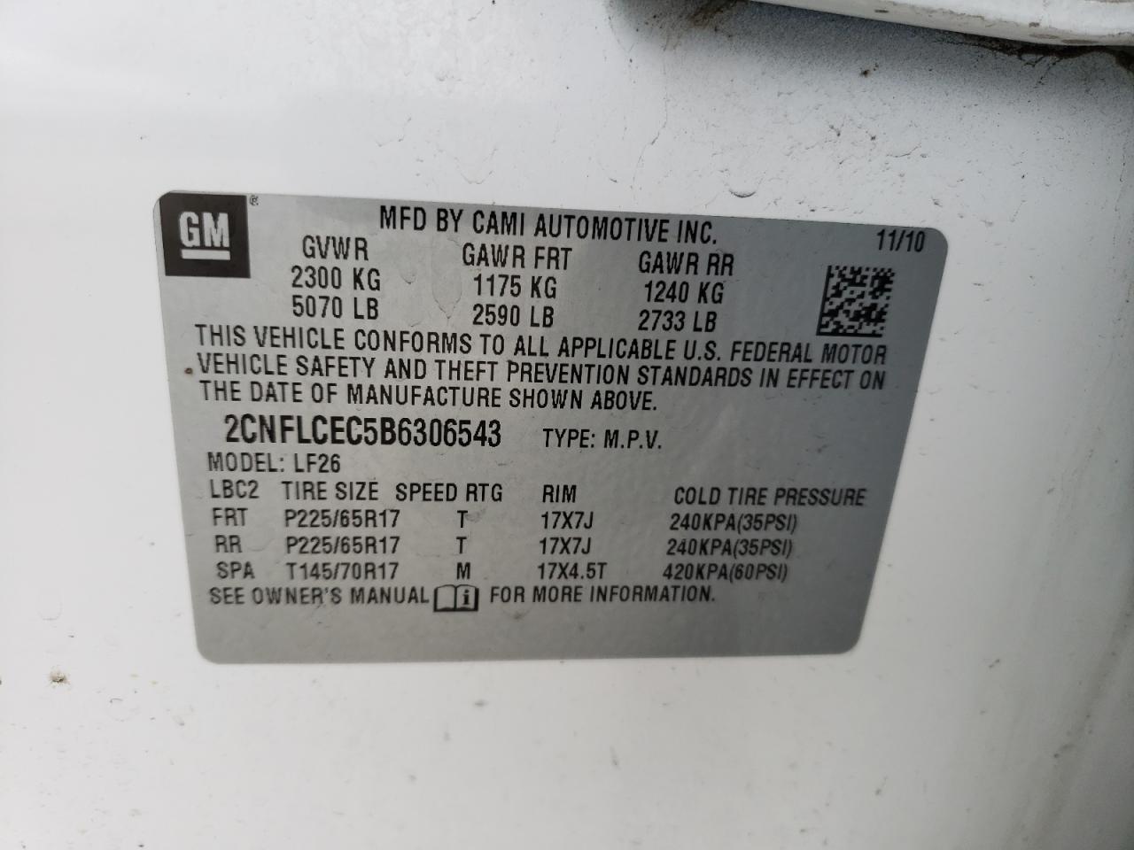 Фото 10 с аукциона – 2011 CHEVROLET EQUINOX LS с VIN 2CNFLCEC5B6306543