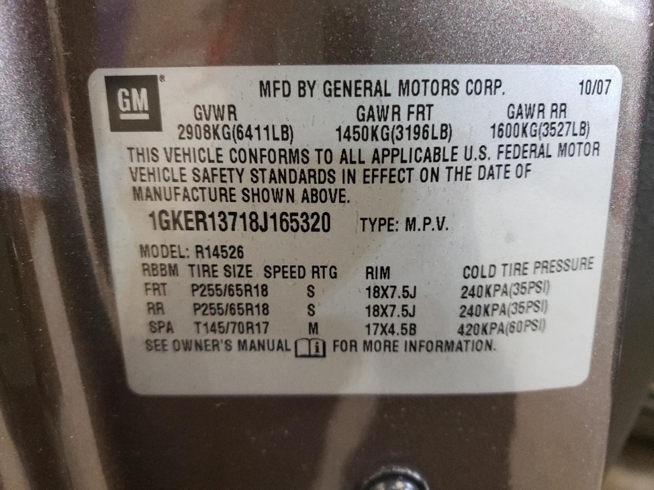 Photo 10 from auction – 2008 GMC ACADIA SLE with VIN 1GKER13718J165320