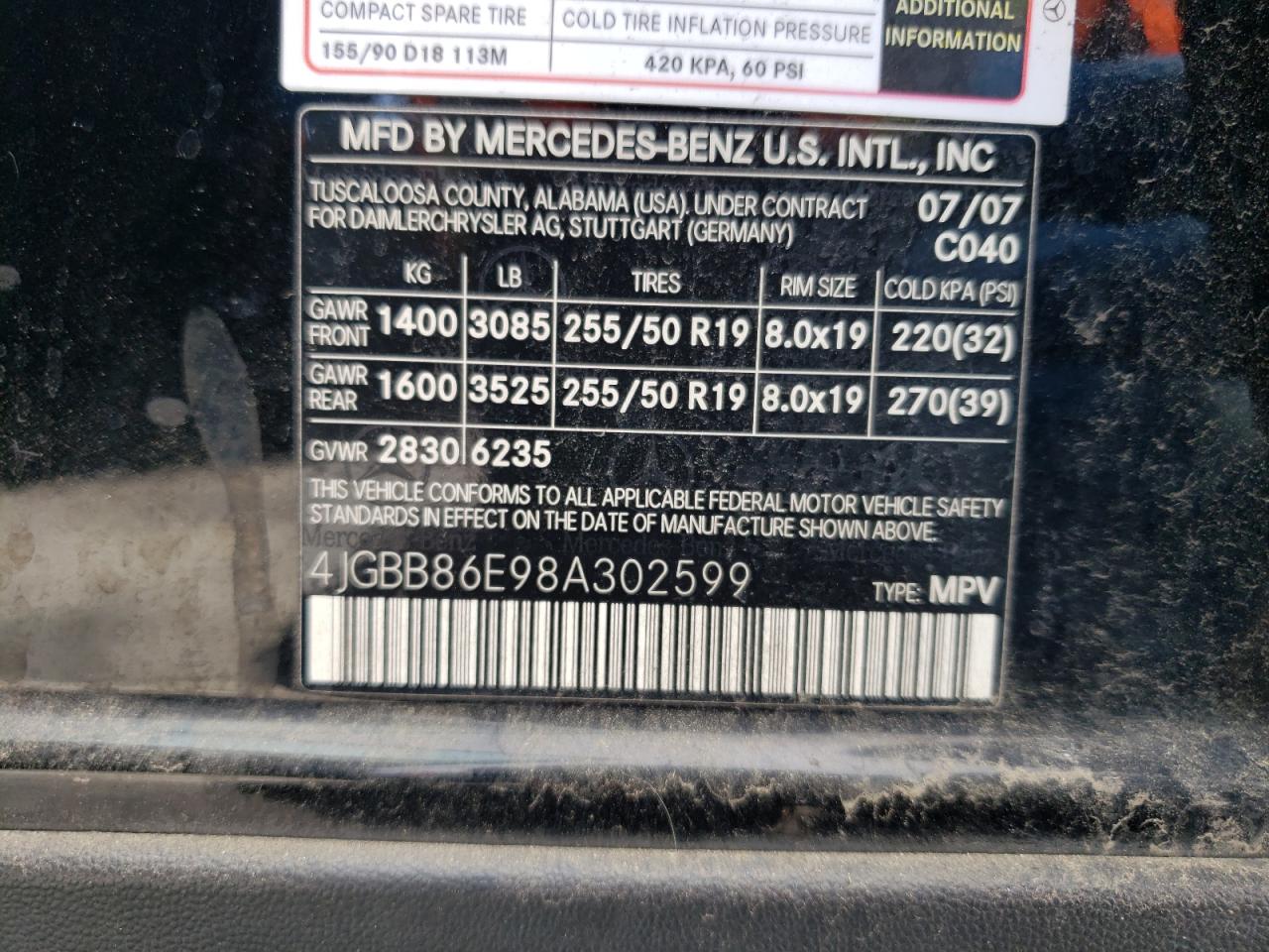 Photo 10 from auction – 2008 MERCEDES-BENZ ML 350 with VIN 4JGBB86E98A302599