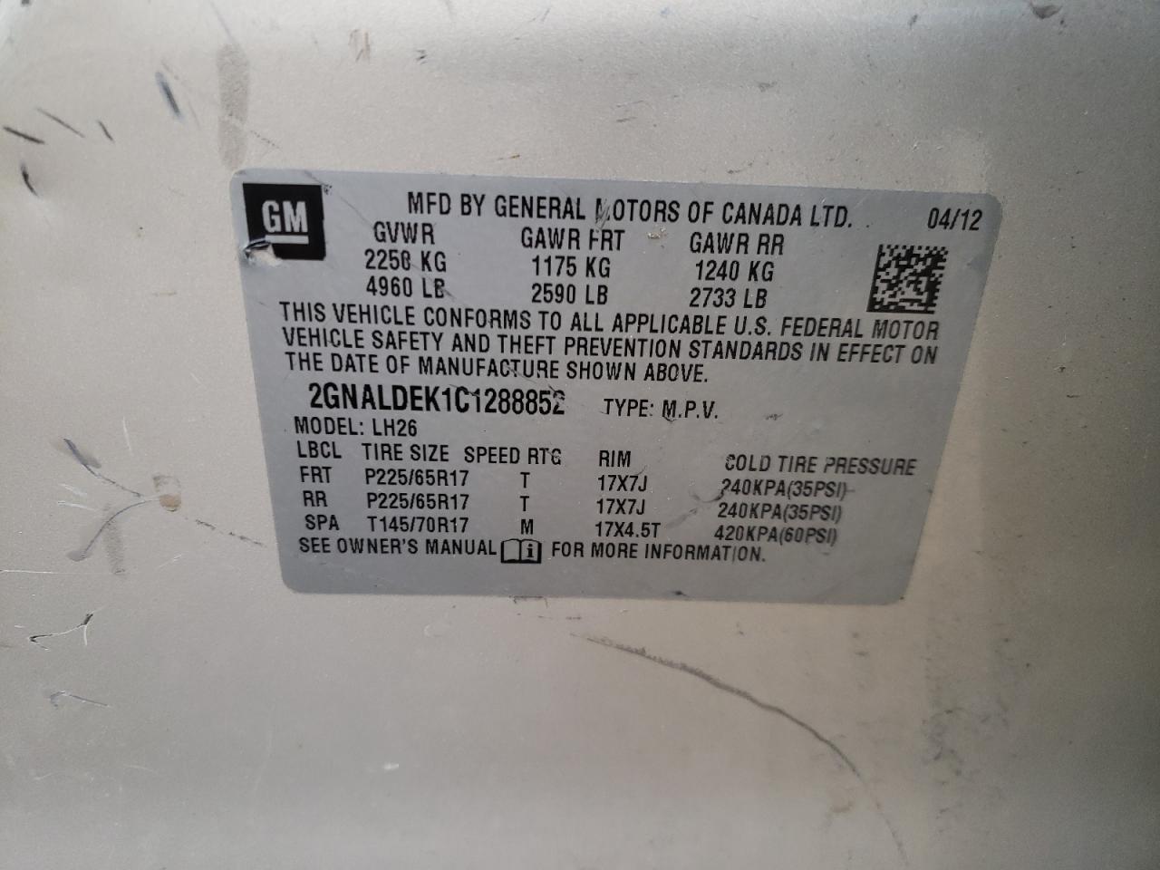 Photo 10 from auction – 2012 CHEVROLET EQUINOX LT with VIN 2GNALDEK1C1288852