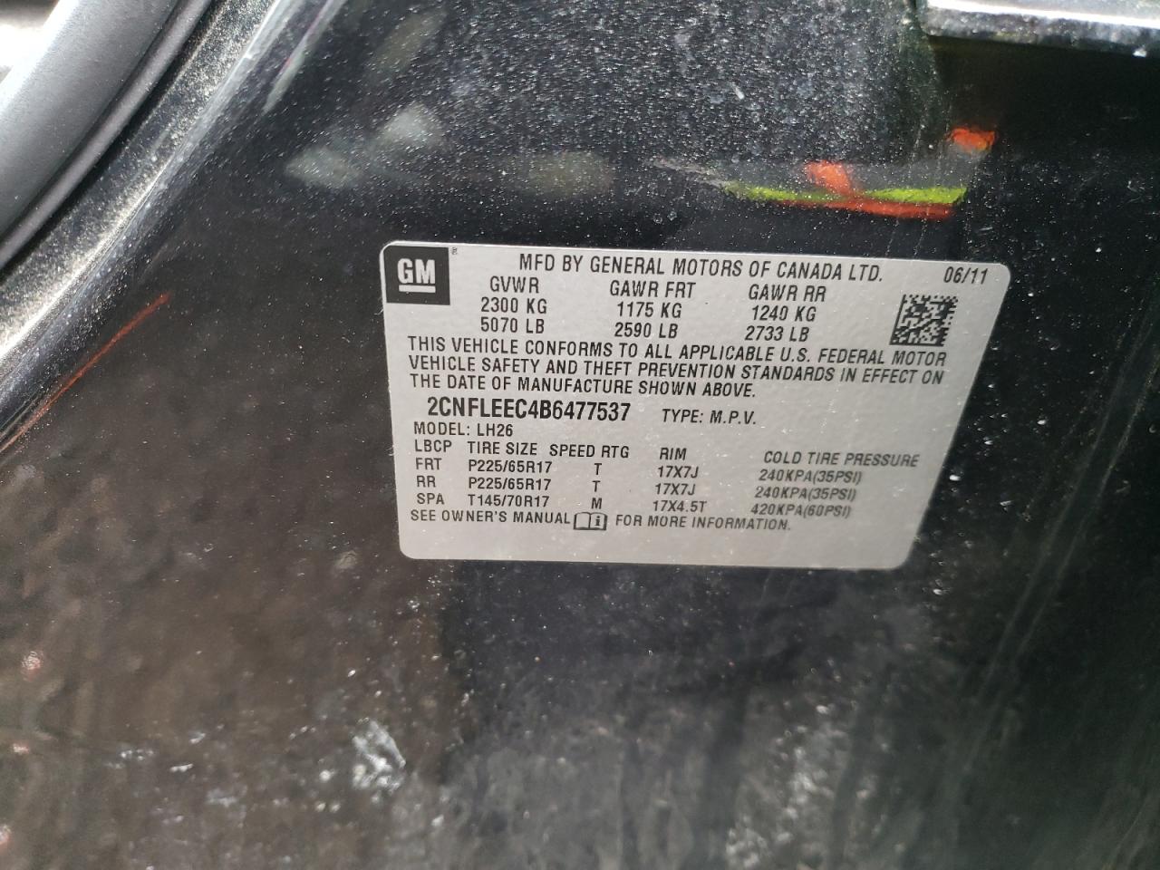 Photo 10 from auction – 2011 CHEVROLET EQUINOX LT with VIN 2CNFLEEC4B6477537
