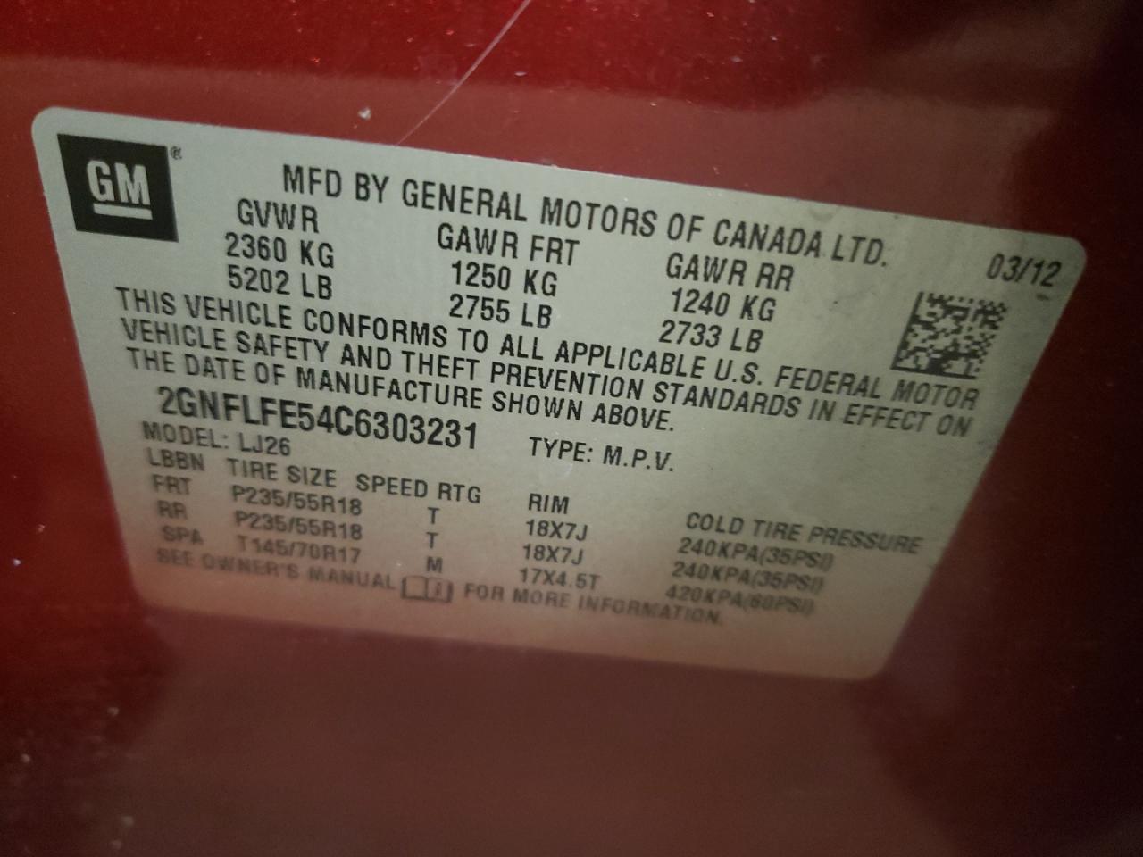 Photo 10 from auction – 2012 CHEVROLET EQUINOX LT with VIN 2GNFLFE54C6303231