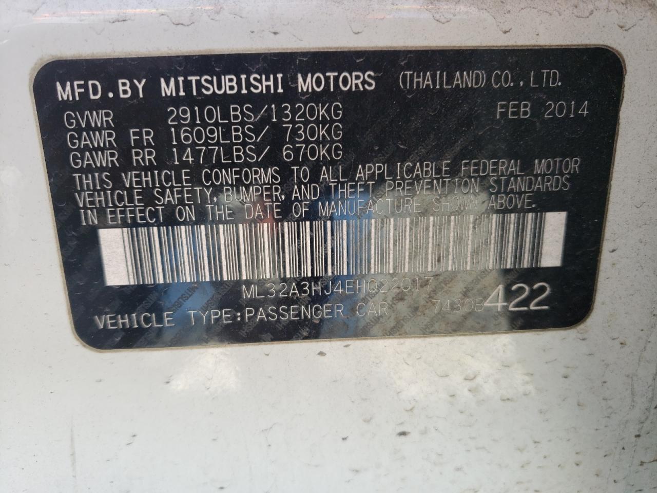 Photo 10 from auction – 2014 MITSUBISHI MIRAGE DE with VIN ML32A3HJ4EH022017