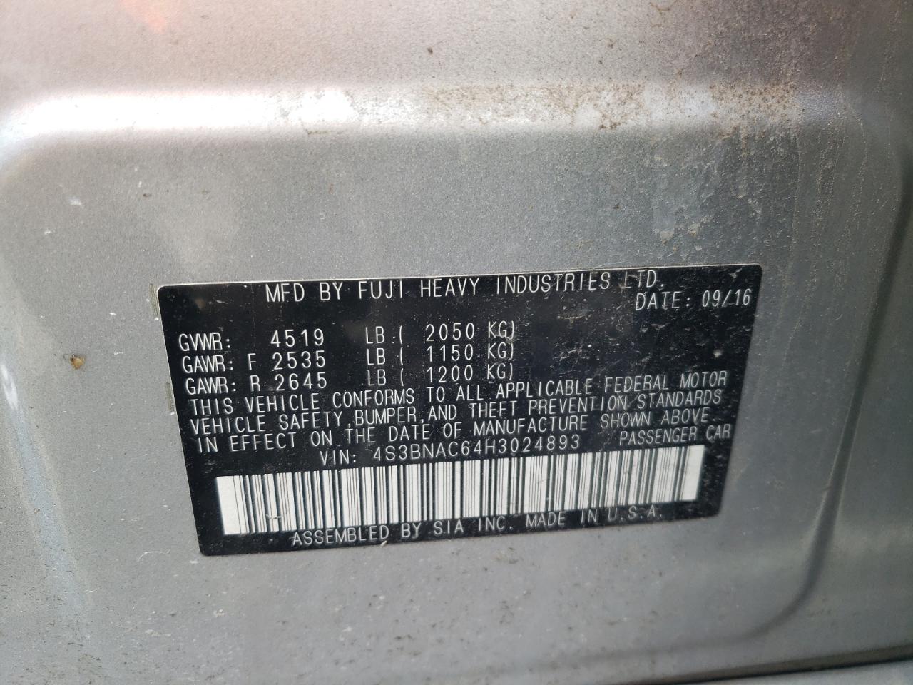 Photo 10 from auction – 2017 SUBARU LEGACY 2.5 with VIN 4S3BNAC64H3024893