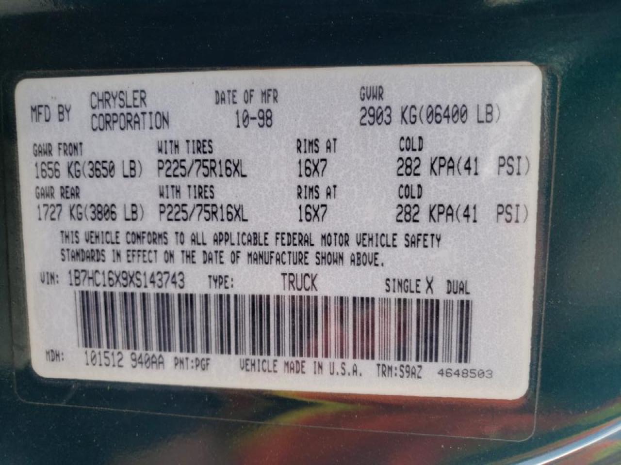 Photo 10 from auction – 1999 DODGE RAM 1500 with VIN 1B7HC16X9XS143743