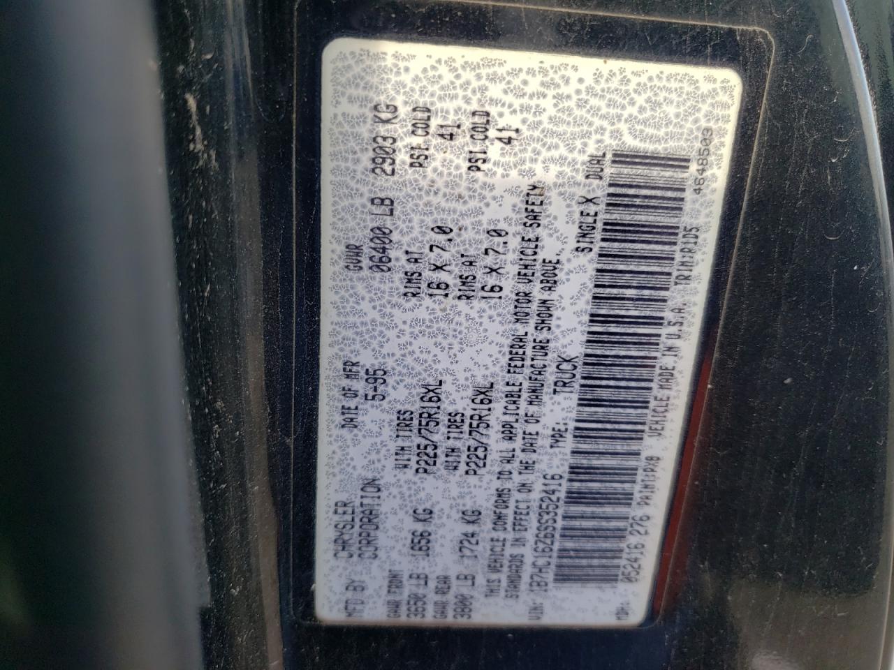 Photo 10 from auction – 1995 DODGE RAM 1500 with VIN 1B7HC16Z6SS352416