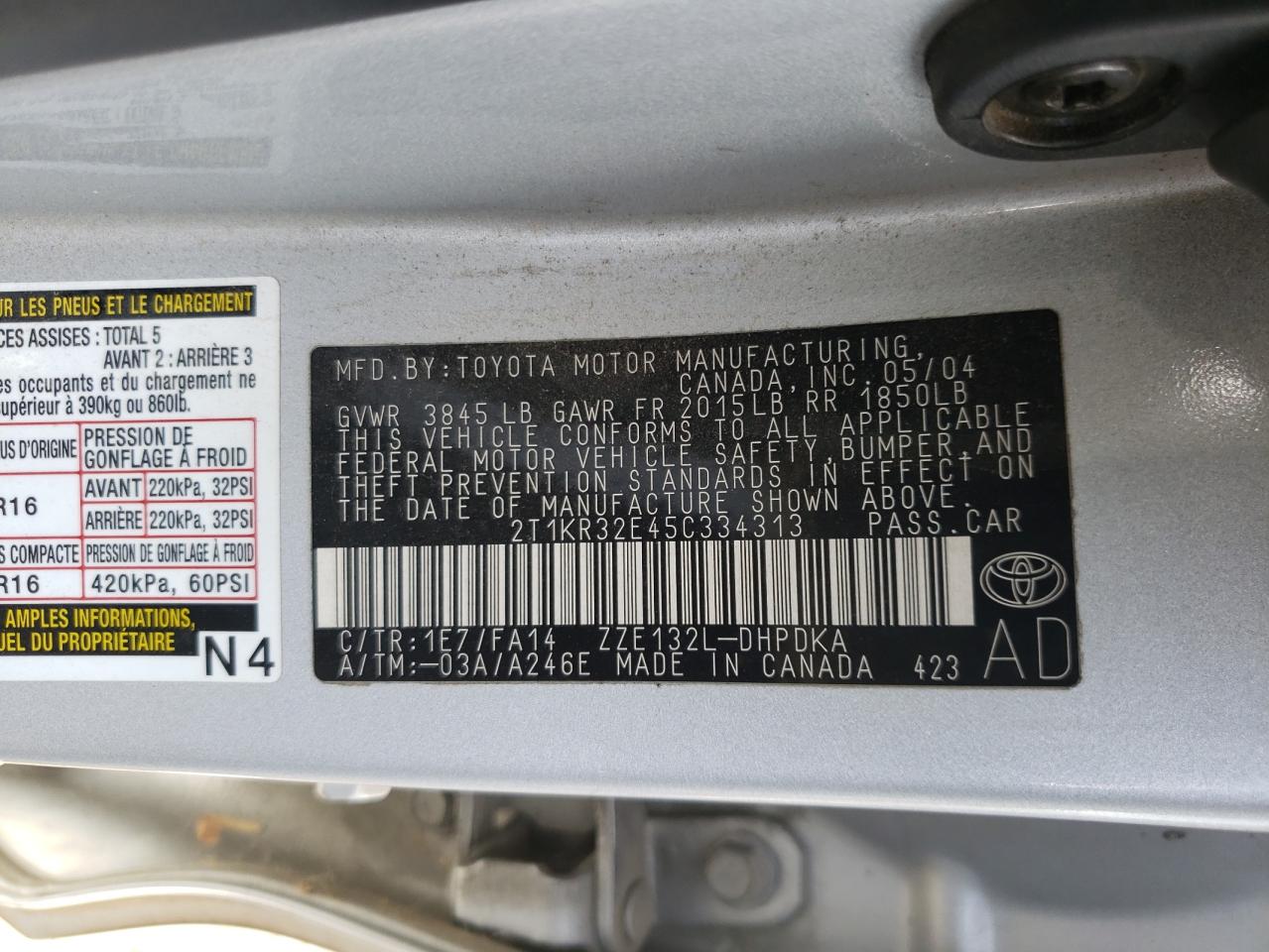 Zdjęcie 10 z aukcji – 2005 TOYOTA COROLLA MA z VIN 2T1KR32E45C334313