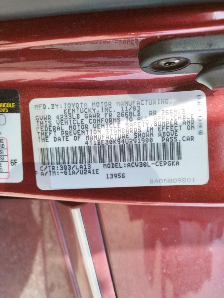 Photo 10 from auction – 2004 TOYOTA CAMRY LE with VIN 4T1BE30K94U291900