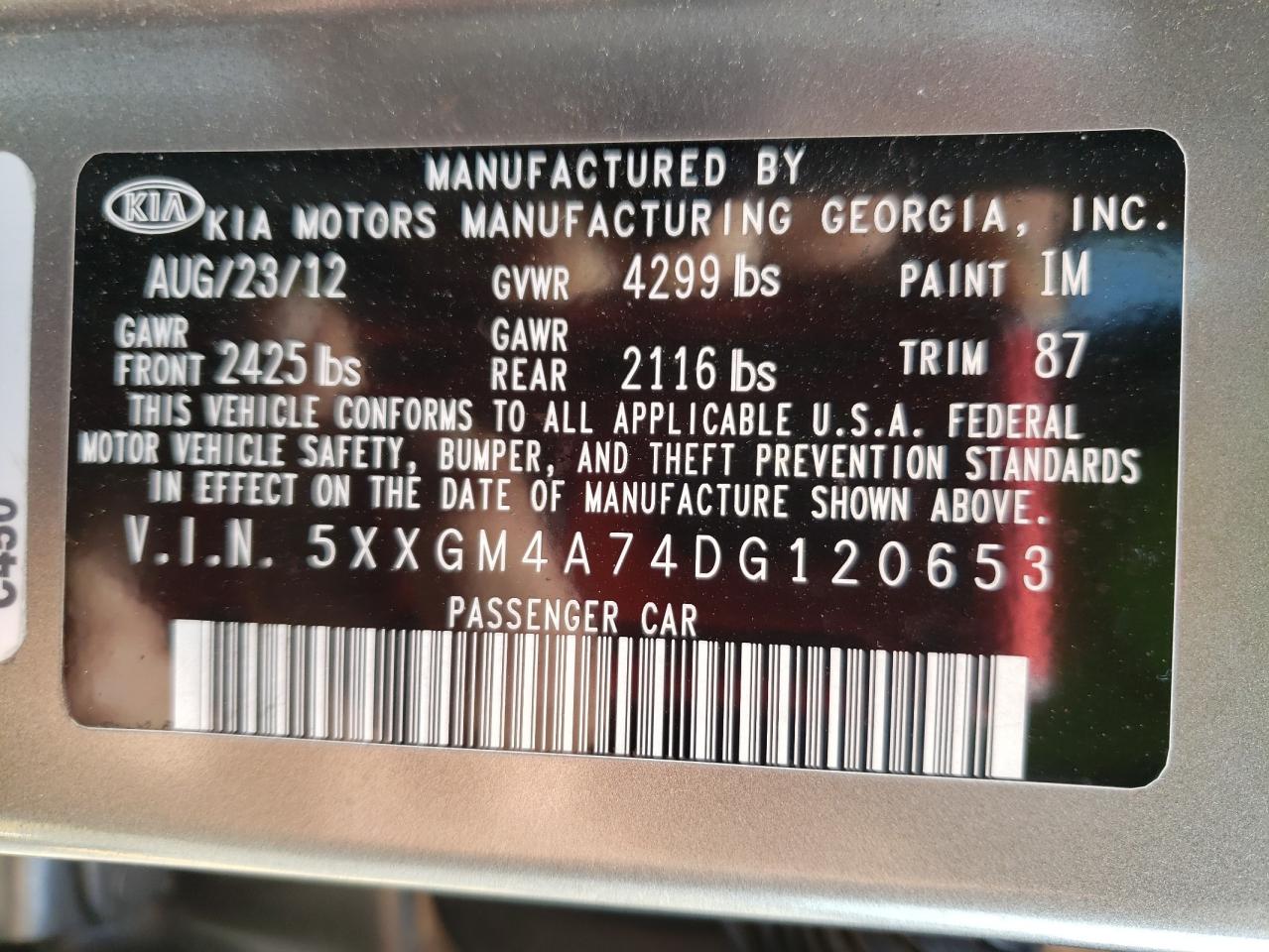 Photo 10 from auction – 2013 KIA OPTIMA LX with VIN 5XXGM4A74DG120653
